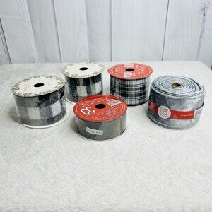 Mixed Lot of 5 Ribbon Rolls Various Sizes Black White Silver NEW